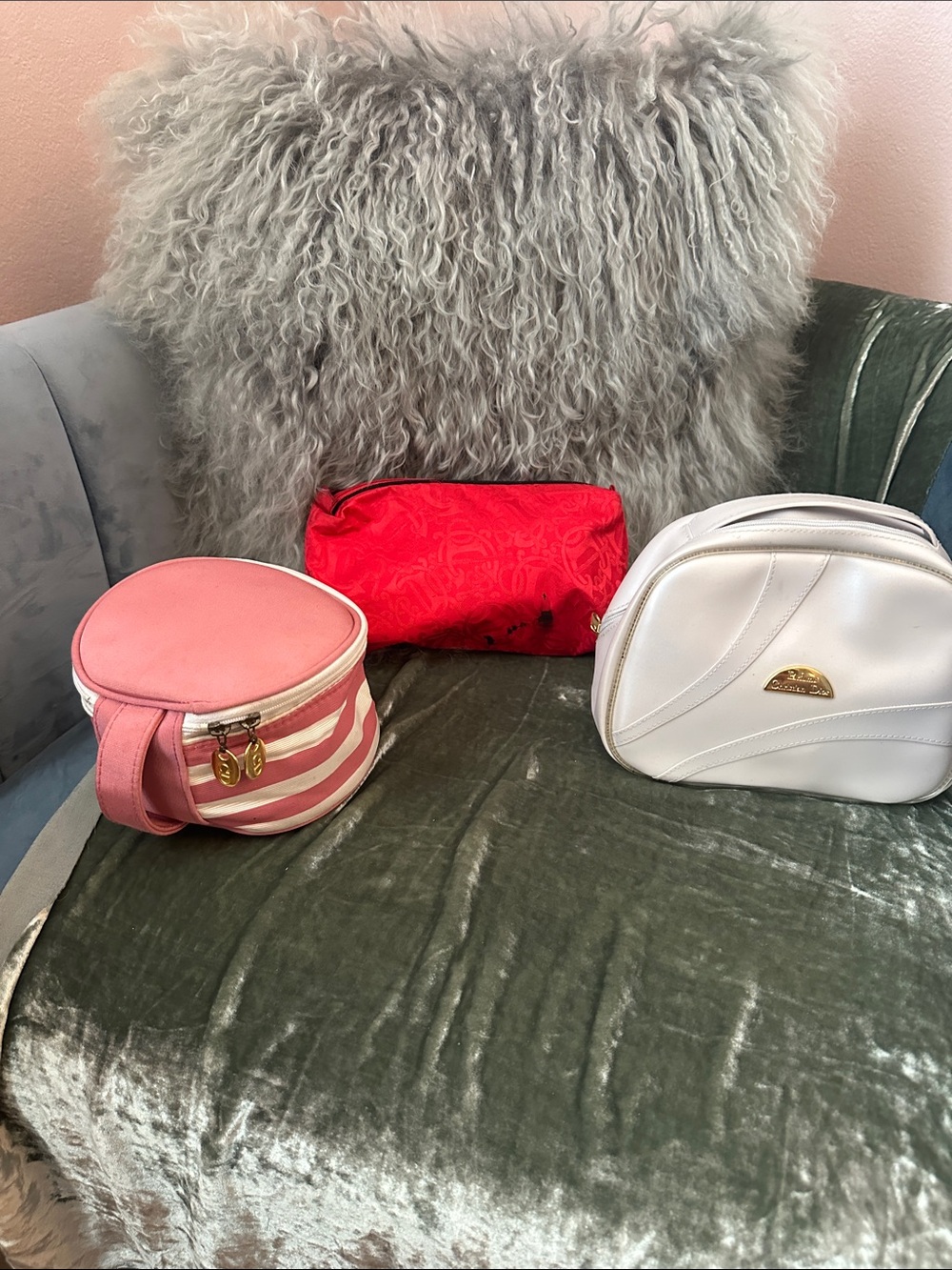 Dior Vintage Makeup Bag Lot 3 Striped Red Monogram